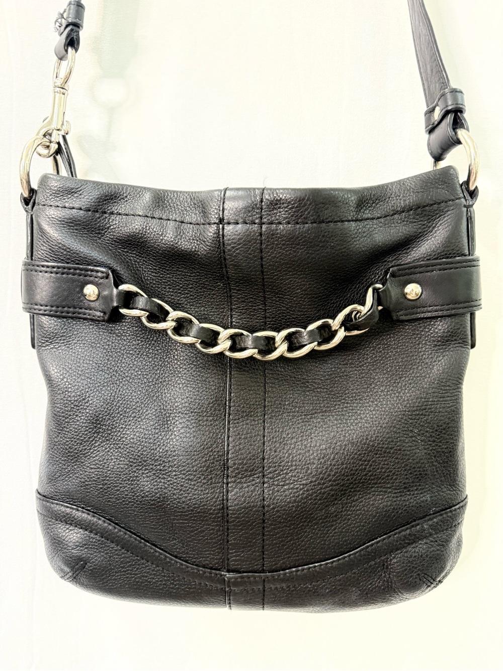 Coach Black Pebbled Leather Chain Shoulder Bag Silver Hardware